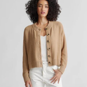 Quince 100% Organic Cotton Cropped Cardigan in Tan